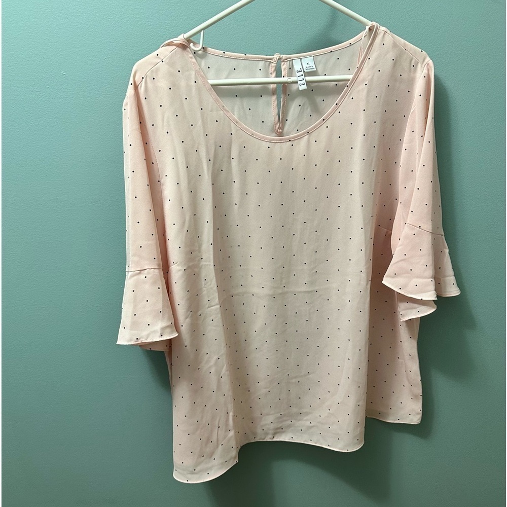 ELLE Pink Blouse With Polka Dots Size XL 3/4 Ruffled Sleeves